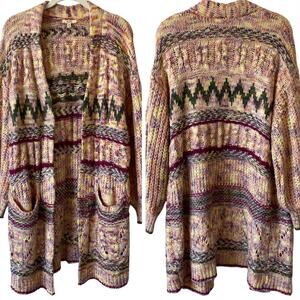KORI AMERICA Bohemian Long Length Cardigan Sweater Multicolor S/M Open Front